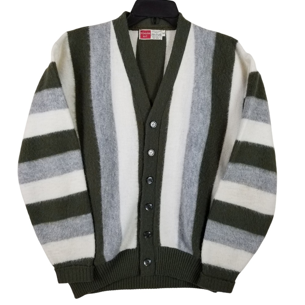 Vintage Milwaukee Knit Mens Cardigan Sweater Orlon Acrylic Striped Green Grey M
